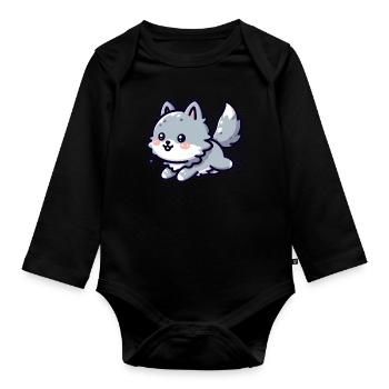 Cute little wolf who is happy - Organic Longsleeve Baby Bodysuit - black - Front