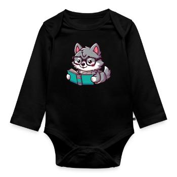 Le loup de la lecture douce - Body Bébé bio manches longues - noir - Devant