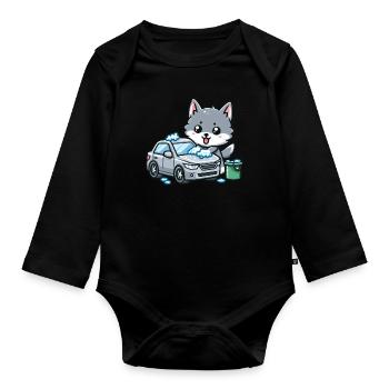 Cute wolf washes car - Organic Longsleeve Baby Bodysuit - black - Front