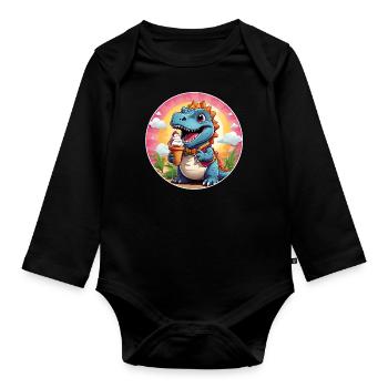 Kleiner süßer Dino mit großer bunter Eistüte - Baby Bio-Langarm-Body - Schwarz - Vorne