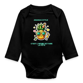 C'est l'heure de faire la fête, ananas style - Body Bébé bio manches longues - noir - Devant