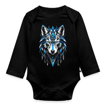 Blue Geometric Wolf - Organic Longsleeve Baby Bodysuit - black - Front