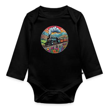 Nostalgic Railway Train of Smoking Locomotive - Organic Longsleeve Baby Bodysuit - black - Front