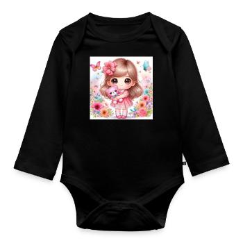 Kleine Puppe mit Teddybär - Baby Bio-Langarm-Body - Schwarz - Vorne
