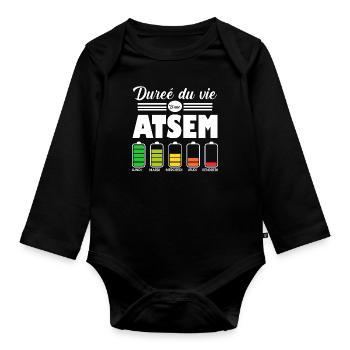 Atsem - Durée du vie d'une Atsem Humour Cadeau - Body Bébé bio manches longues - noir - Devant