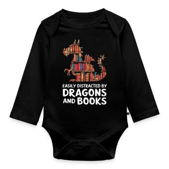 Fantasy-Drache und Bücherliebhaber - Baby Bio-Langarm-Body - Schwarz - Vorne