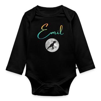 EMIL - Beautiful boy name with dinosaur - Organic Longsleeve Baby Bodysuit - black - Front