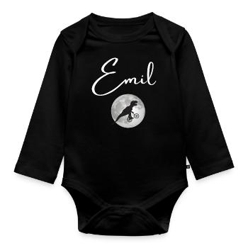 EMIL - Beautiful boy name with dinosaur - Organic Longsleeve Baby Bodysuit - black - Front