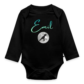 EMIL - Beautiful boy name with dinosaur - Organic Longsleeve Baby Bodysuit - black - Front