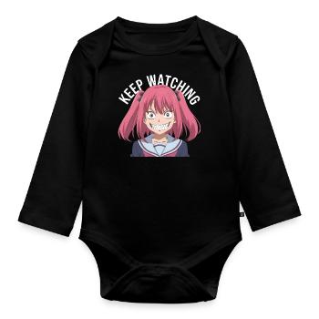 Keep watching, crazy, anime, pink hair, white text - Baby Bio-Langarm-Body - Schwarz - Vorne
