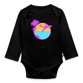 Flugzeug Palmen Fliegen Strand Streifen Meer Reise - Baby Bio-Langarm-Body - Schwarz - Vorne