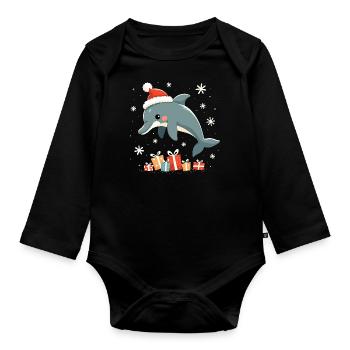 Dauphin au chapeau de Père Noël - Flocons de neige - Body Bébé bio manches longues - noir - Devant
