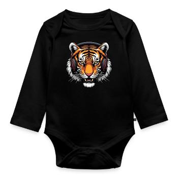 Tiger Animal Graphic Musik Kopfhörer Art Tiger - Baby Bio-Langarm-Body - Schwarz - Vorne