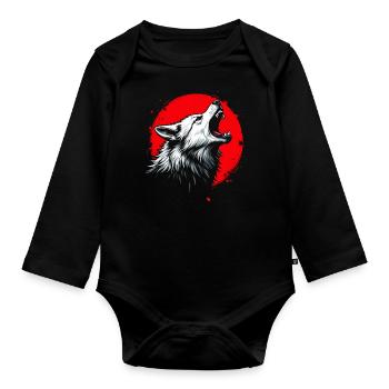 Wolf Design Backprint , Rot und Weiß Kunstmotiv - Baby Bio-Langarm-Body - Schwarz - Vorne