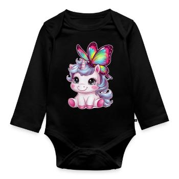 Licorne Kawaii mignonne avec papillon - Body Bébé bio manches longues - noir - Devant
