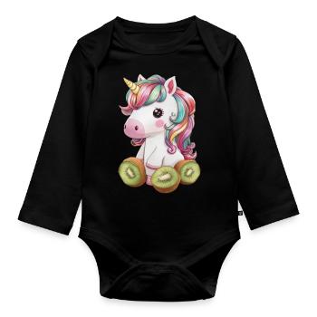 Cartoon Kawaii Unicorn with Kiwi - Organic Longsleeve Baby Bodysuit - black - Front