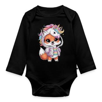 Kawaii Fuchs im Cartoon Stil mit Einhorn Outfit - Baby Bio-Langarm-Body - Schwarz - Vorne