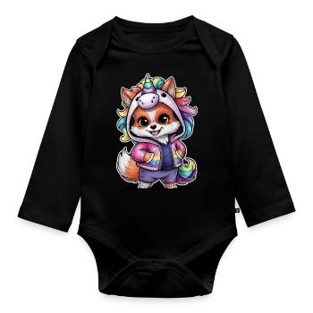 Renard kawaii dans le style dessin animé avec tenue de licorne - Body Bébé bio manches longues - noir - Devant