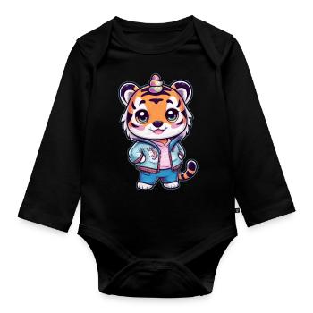Tigre kawaii avec une jolie tenue de licorne - Body Bébé bio manches longues - noir - Devant