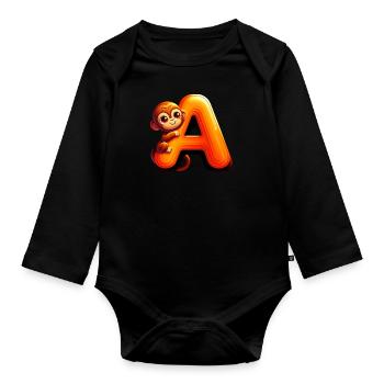 Cheerful monkey with glowing letter A - Organic Longsleeve Baby Bodysuit - black - Front