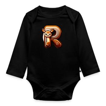 Cute deer in letter R - Organic Longsleeve Baby Bodysuit - black - Front