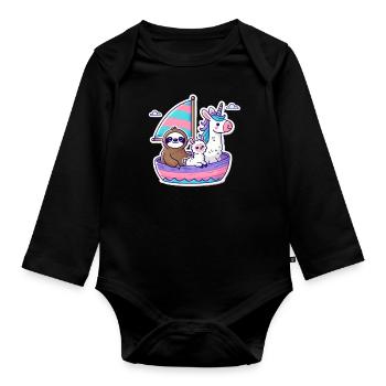 Süßes Einhorm, Lama und Faultier im Segelbot - Baby Bio-Langarm-Body - Schwarz - Vorne