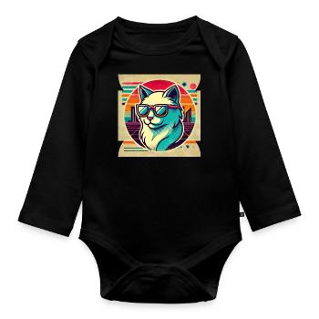 Coole Retro Katze mit Sonnenbrille - Baby Bio-Langarm-Body - Schwarz - Vorne