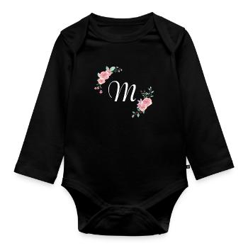 Pink floral letter m - Organic Longsleeve Baby Bodysuit - black - Front