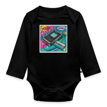 90s vibes: Walkman cult in comic look - Organic Longsleeve Baby Bodysuit - black - Front