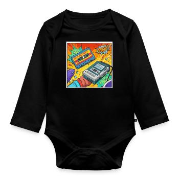 90s vibes: Walkman cult in comic look - Organic Longsleeve Baby Bodysuit - black - Front