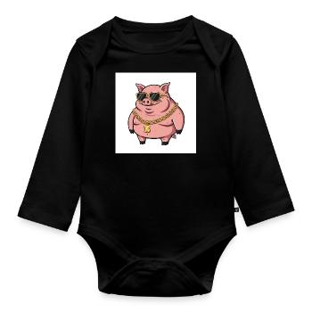 Fat pig with gold chain and sunglasses - Organic Longsleeve Baby Bodysuit - black - Front