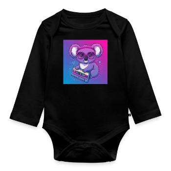 Funny Koala with Cassette - 80s Vibes - Organic Longsleeve Baby Bodysuit - black - Front