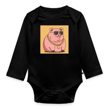 Fat pig with gold chain and sunglasses - Organic Longsleeve Baby Bodysuit - black - Front