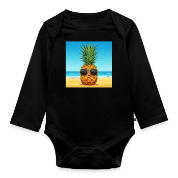 Pineapple with sunglasses on the beach - Organic Longsleeve Baby Bodysuit - black - Front