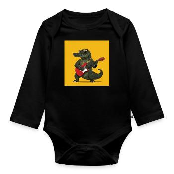 Cool crocodile with electric guitar and gold chain - Organic Longsleeve Baby Bodysuit - black - Front