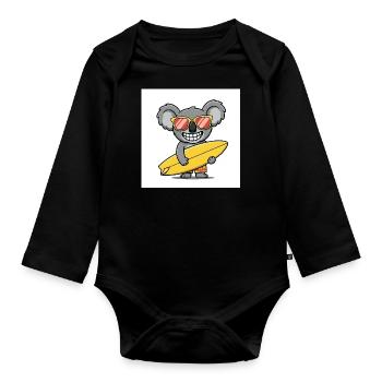 Surfing koala with sunglasses - Organic Longsleeve Baby Bodysuit - black - Front