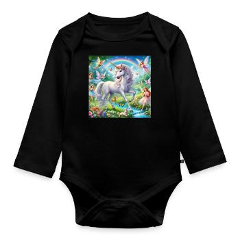 Unicorn with elves in a fantasy landscape - Organic Longsleeve Baby Bodysuit - black - Front