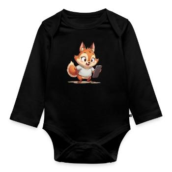 Fox with mobile phone - Organic Longsleeve Baby Bodysuit - black - Front