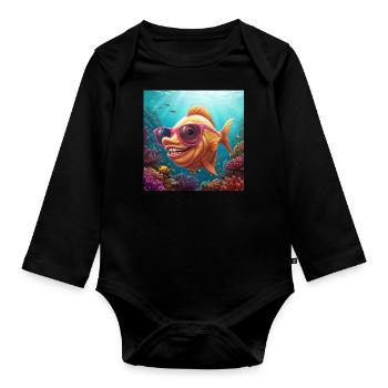 Fins Funny fish with sunglasses - Organic Longsleeve Baby Bodysuit - black - Front