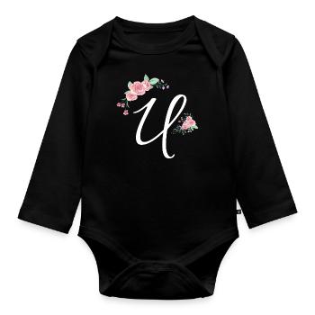 Letter u flowers - Organic Longsleeve Baby Bodysuit - black - Front