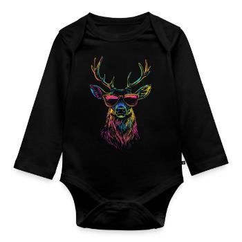 Hirsch mit Sonnenbrille im Regenbogenfarbe - Baby Bio-Langarm-Body - Schwarz - Vorne
