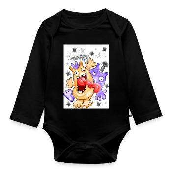 Humorvoller Monster-Druck mit Schnurrbart - Baby Bio-Langarm-Body - Schwarz - Vorne