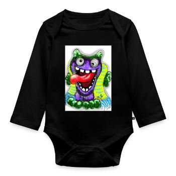Bunter Cartoon Monster mit Riesenzunge - Baby Bio-Langarm-Body - Schwarz - Vorne