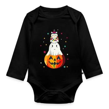 Owl and Ghost on the Pumpkin – Halloween Motif - Organic Longsleeve Baby Bodysuit - black - Front