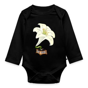 Lily as Gramophone – Nostalgic Floral Design - Organic Longsleeve Baby Bodysuit - black - Front