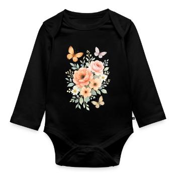 Aquarelle fleur magique avec des papillons - Body Bébé bio manches longues - noir - Devant