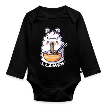 Lama ramen douillet et kawaii - Body Bébé bio manches longues - noir - Devant
