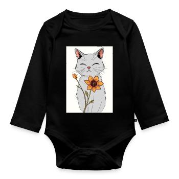 Gelassene Katze mit Sonnenblume - Baby Bio-Langarm-Body - Schwarz - Vorne