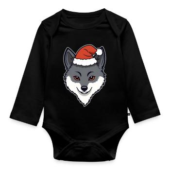 Weihnachtswolf Cartoon Kopf mit Mütze - Baby Bio-Langarm-Body - Schwarz - Vorne