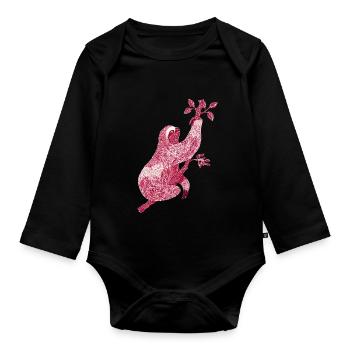 Sloth with Red Floral Print – Line Art - Organic Longsleeve Baby Bodysuit - black - Front